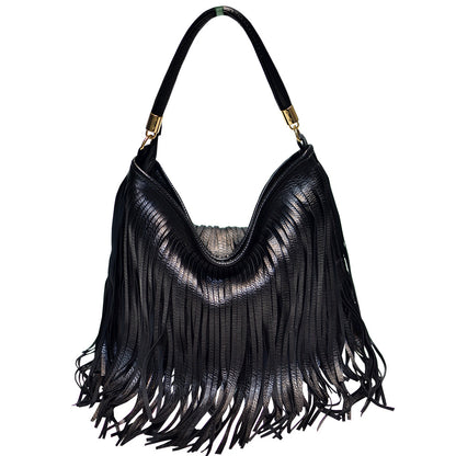 Chic Black Double Fringe Hobo Bag - Convertible Microfiber Leather Shoulder & Crossbody Purse V888-ELOSUNG32009
