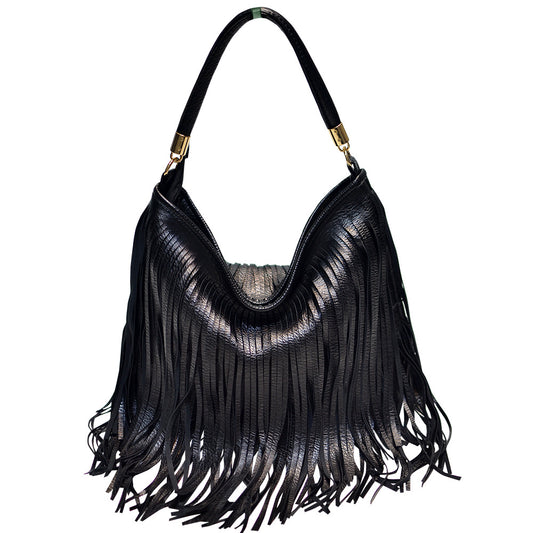 Chic Black Double Fringe Hobo Bag - Convertible Microfiber Leather Shoulder & Crossbody Purse V888-ELOSUNG32009