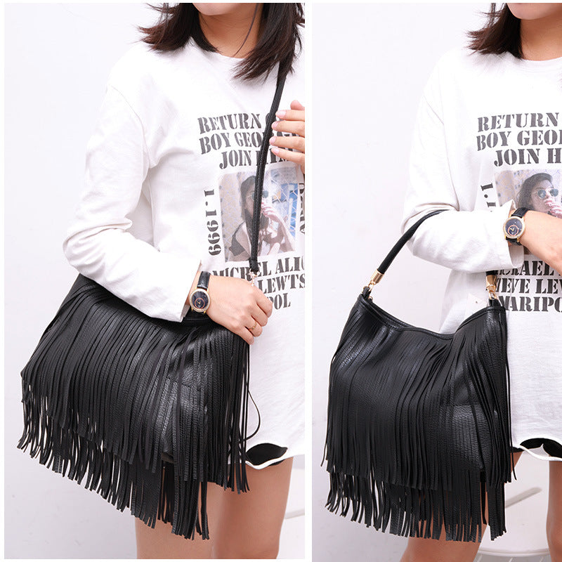 Chic Black Double Fringe Hobo Bag - Convertible Microfiber Leather Shoulder & Crossbody Purse V888-ELOSUNG32009