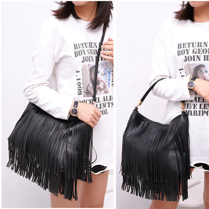 Chic Black Double Fringe Hobo Bag - Convertible Microfiber Leather Shoulder & Crossbody Purse V888-ELOSUNG32009