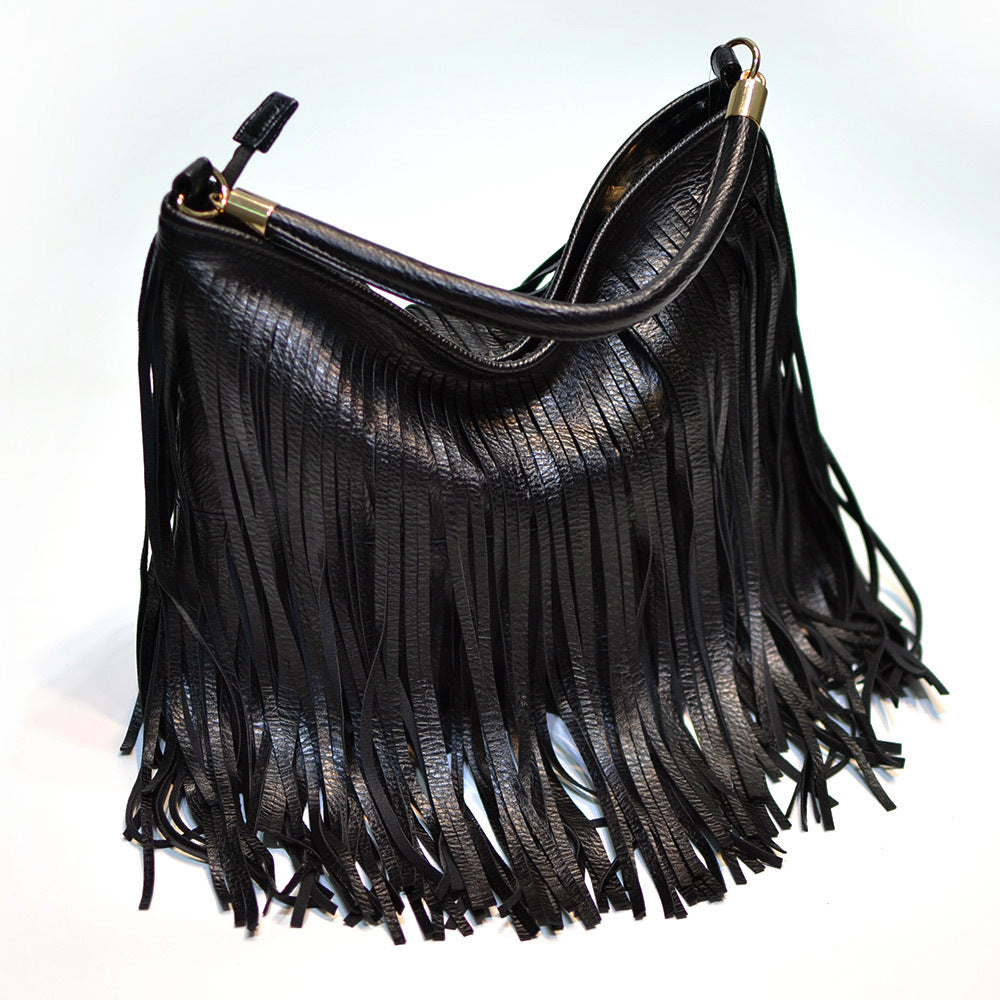 Chic Black Double Fringe Hobo Bag - Convertible Microfiber Leather Shoulder & Crossbody Purse V888-ELOSUNG32009
