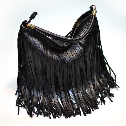 Chic Black Double Fringe Hobo Bag - Convertible Microfiber Leather Shoulder & Crossbody Purse V888-ELOSUNG32009