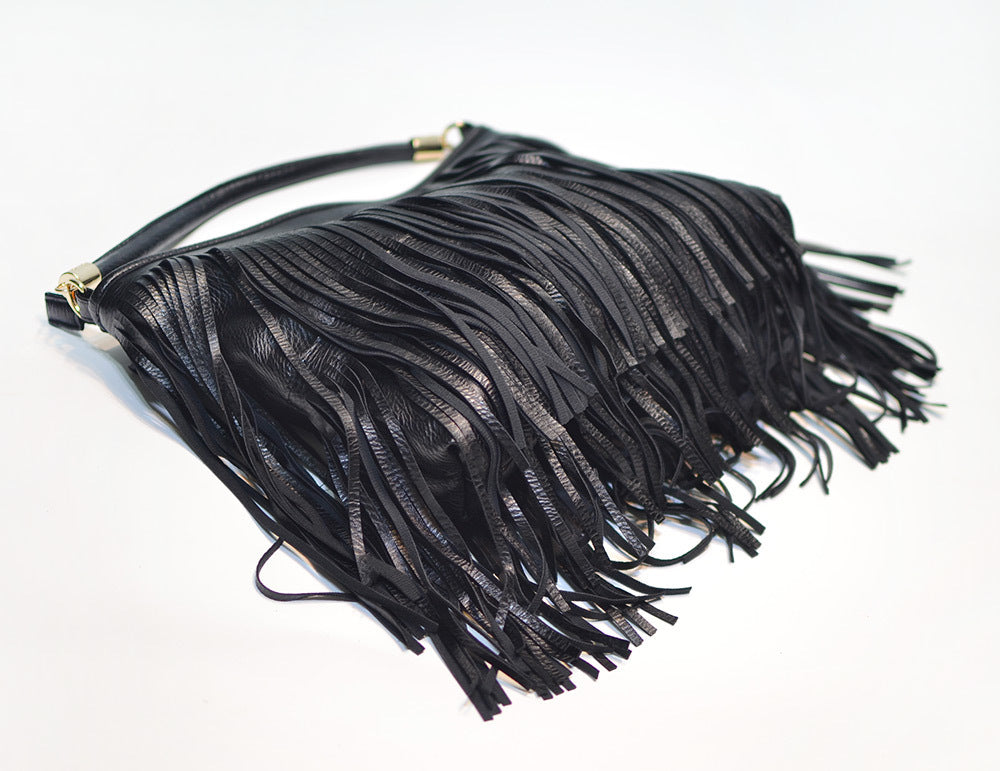 Chic Black Double Fringe Hobo Bag - Convertible Microfiber Leather Shoulder & Crossbody Purse V888-ELOSUNG32009