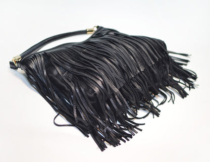 Chic Black Double Fringe Hobo Bag - Convertible Microfiber Leather Shoulder & Crossbody Purse V888-ELOSUNG32009