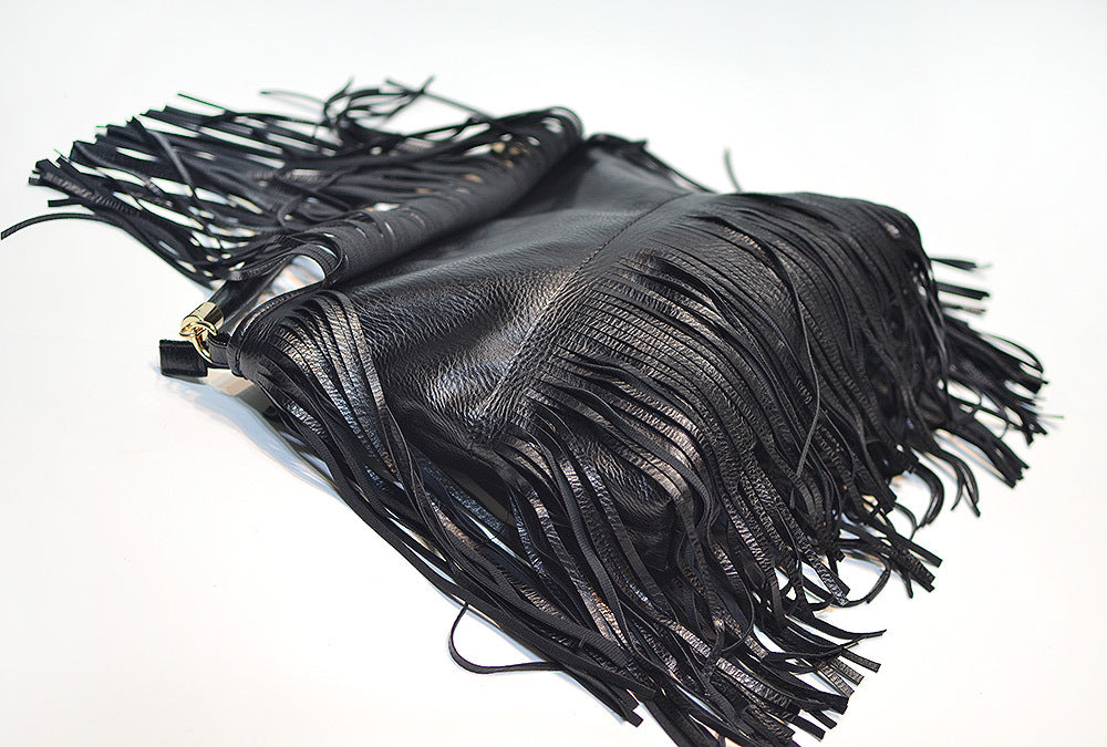 Chic Black Double Fringe Hobo Bag - Convertible Microfiber Leather Shoulder & Crossbody Purse V888-ELOSUNG32009