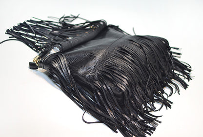 Chic Black Double Fringe Hobo Bag - Convertible Microfiber Leather Shoulder & Crossbody Purse V888-ELOSUNG32009