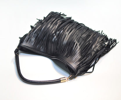 Chic Black Double Fringe Hobo Bag - Convertible Microfiber Leather Shoulder & Crossbody Purse V888-ELOSUNG32009