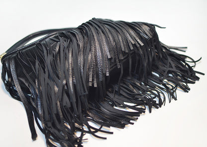 Chic Black Double Fringe Hobo Bag - Convertible Microfiber Leather Shoulder & Crossbody Purse V888-ELOSUNG32009