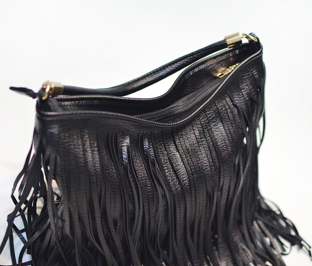 Chic Black Double Fringe Hobo Bag - Convertible Microfiber Leather Shoulder & Crossbody Purse V888-ELOSUNG32009
