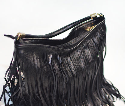 Chic Black Double Fringe Hobo Bag - Convertible Microfiber Leather Shoulder & Crossbody Purse V888-ELOSUNG32009