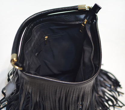 Chic Black Double Fringe Hobo Bag - Convertible Microfiber Leather Shoulder & Crossbody Purse V888-ELOSUNG32009