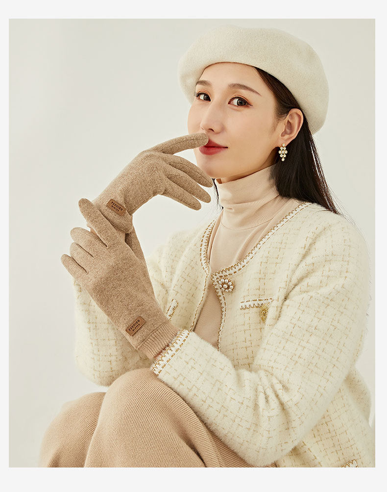 Beige Elegant Women's Wool Blend Winter Gloves - Cozy Fleece-Lined Touchscreen Warmth V888-ELOSUNG32027