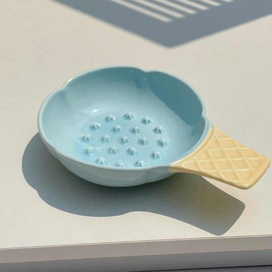 2 Pcs Blue and Yellow Adorable Ice Cream Cone Ceramic Slow Feeder Pet Bowl - Fun Anti-Gulp Design for Cats & V888-ELOSUNG32033