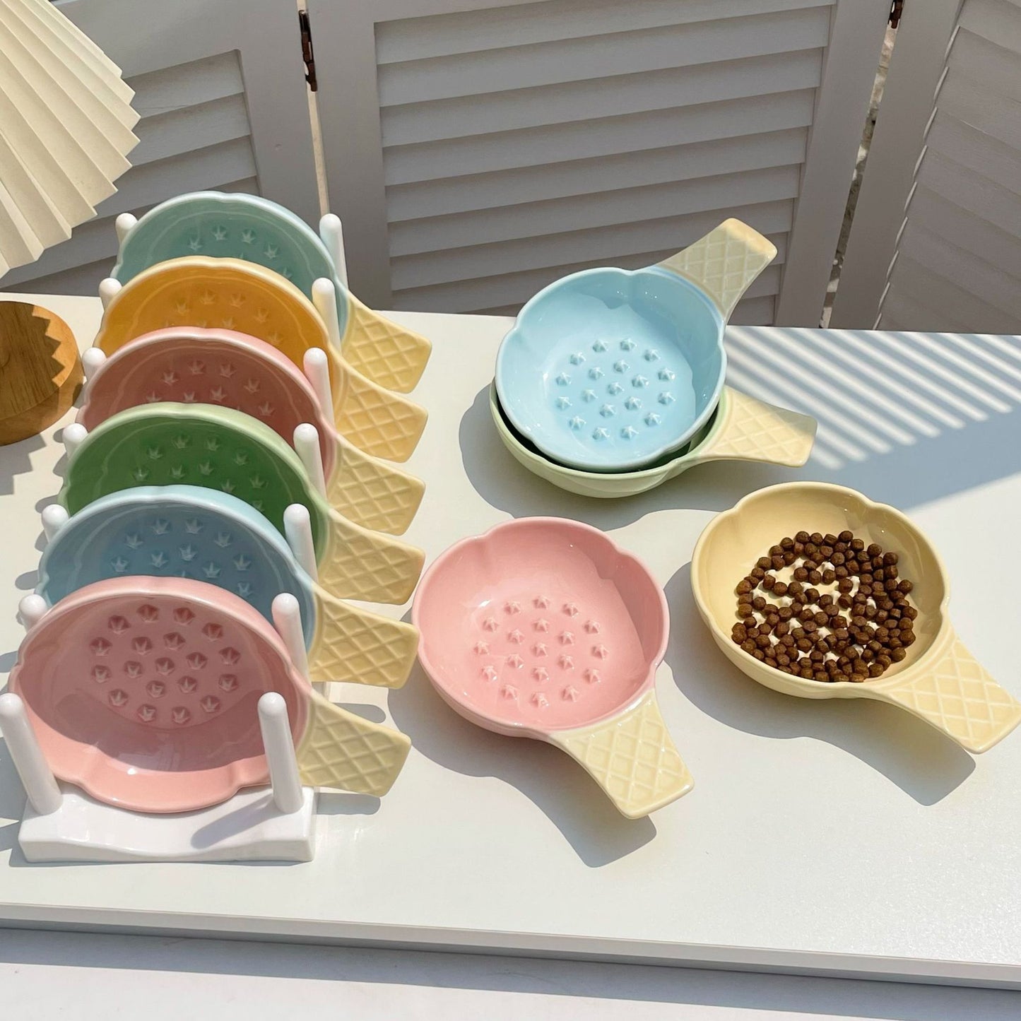 2 Pcs Green and Yellow Adorable Ice Cream Cone Ceramic Slow Feeder Pet Bowl - Fun Anti-Gulp Design for Cats & V888-ELOSUNG32034