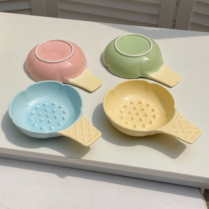 2 Pcs Green and Yellow Adorable Ice Cream Cone Ceramic Slow Feeder Pet Bowl - Fun Anti-Gulp Design for Cats & V888-ELOSUNG32034
