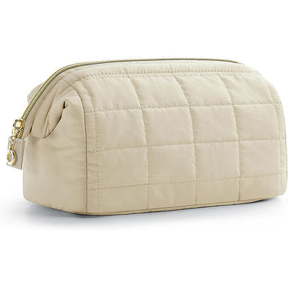 Beige Chic Quilted Puffer Makeup Bag - Large Capacity Travel Cosmetic Organizer with Wide Opening V888-ELOSUNG32036
