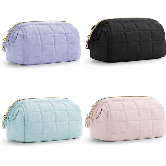 Beige Chic Quilted Puffer Makeup Bag - Large Capacity Travel Cosmetic Organizer with Wide Opening V888-ELOSUNG32036