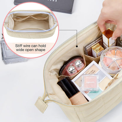 Beige Chic Quilted Puffer Makeup Bag - Large Capacity Travel Cosmetic Organizer with Wide Opening V888-ELOSUNG32036