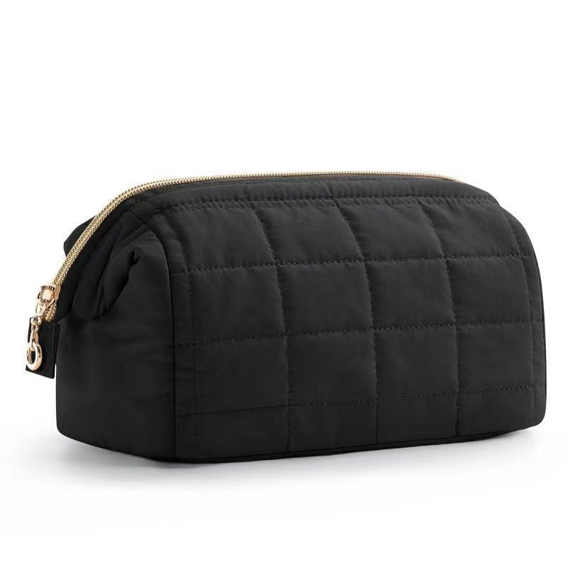 Black Chic Quilted Puffer Makeup Bag - Large Capacity Travel Cosmetic Organizer with Wide Opening V888-ELOSUNG32038