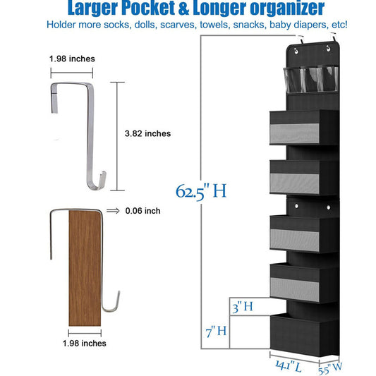 Black Heavy Duty 5-Tier Over-The-Door Hanging Organizer - Space-Saving Storage with Clear Windows & Mesh V888-ELOSUNG32039