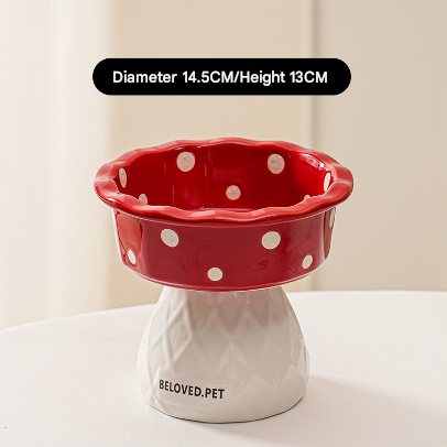 Red Adorable Mushroom Ceramic Elevated Cat Bowl - Anti-Vomiting & Spine Protecting Pet Feeder with Polka Dots V888-ELOSUNG32046