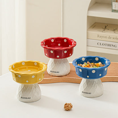 Red Adorable Mushroom Ceramic Elevated Cat Bowl - Anti-Vomiting & Spine Protecting Pet Feeder with Polka Dots V888-ELOSUNG32046