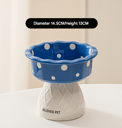 Blue Adorable Mushroom Ceramic Elevated Cat Bowl - Anti-Vomiting & Spine Protecting Pet Feeder with Polka Dots V888-ELOSUNG32047