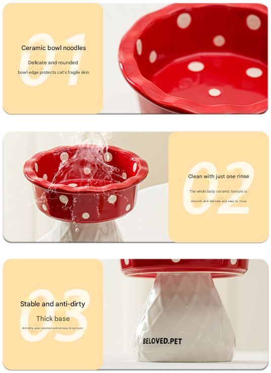 Blue Adorable Mushroom Ceramic Elevated Cat Bowl - Anti-Vomiting & Spine Protecting Pet Feeder with Polka Dots V888-ELOSUNG32047