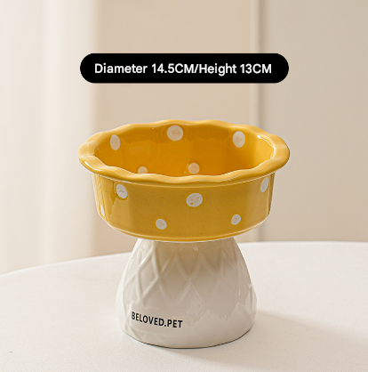 Yellow Adorable Mushroom Ceramic Elevated Cat Bowl - Anti-Vomiting & Spine Protecting Pet Feeder with Polka V888-ELOSUNG32048