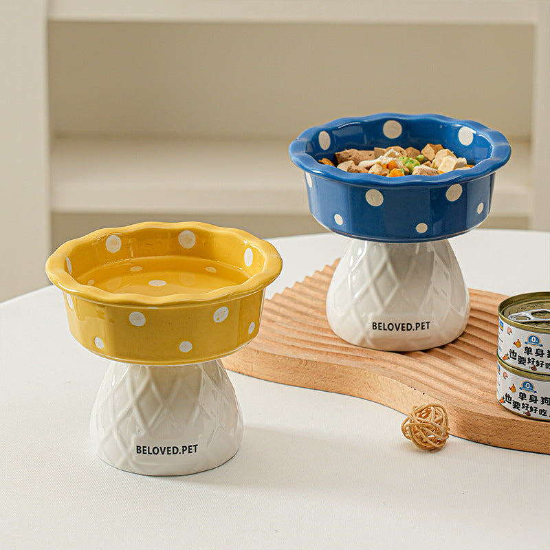 Yellow Adorable Mushroom Ceramic Elevated Cat Bowl - Anti-Vomiting & Spine Protecting Pet Feeder with Polka V888-ELOSUNG32048