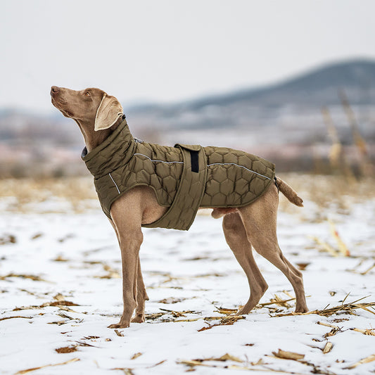 Size L Olive Green Warm Quilted Dog Winter Coat - Adjustable Fleece-Lined Puffer Vest with Reflective Trim & V888-ELOSUNG32051