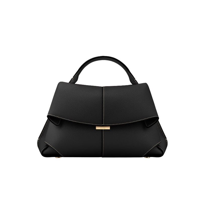 Black Elegant Womens Genuine Cowhide Leather Top Handle Satchel - Chic Flap Crossbody Shoulder Bag V888-ELOSUNG32063