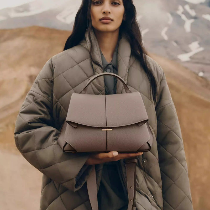 Brown Elegant Womens Genuine Cowhide Leather Top Handle Satchel - Chic Flap Crossbody Shoulder Bag V888-ELOSUNG32066