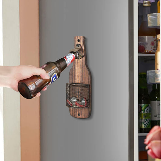 Brown Rustic Wooden Wall-Mounted Bottle Opener with Cap Catcher - Vintage Beer Opener for Bar & Kitchen V888-ELOSUNG32074