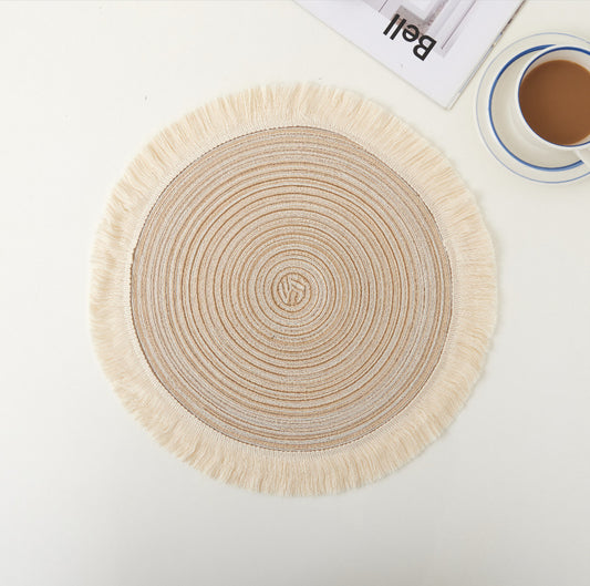 Beige Chic Round Woven Placemats with Tassel Fringe - Set of 4, Cotton Ramie Blend, Heat Resistant Table Mats V888-ELOSUNG32080