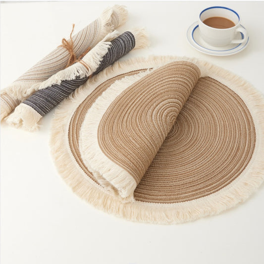 Beige Chic Round Woven Placemats with Tassel Fringe - Set of 4, Cotton Ramie Blend, Heat Resistant Table Mats V888-ELOSUNG32080