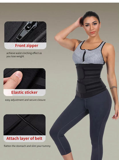 Size M Black Womens Sweat-Enhancing Waist Trainer Belt - Dual Strap Zipper Tummy Control Cincher for Workout V888-ELOSUNG32094