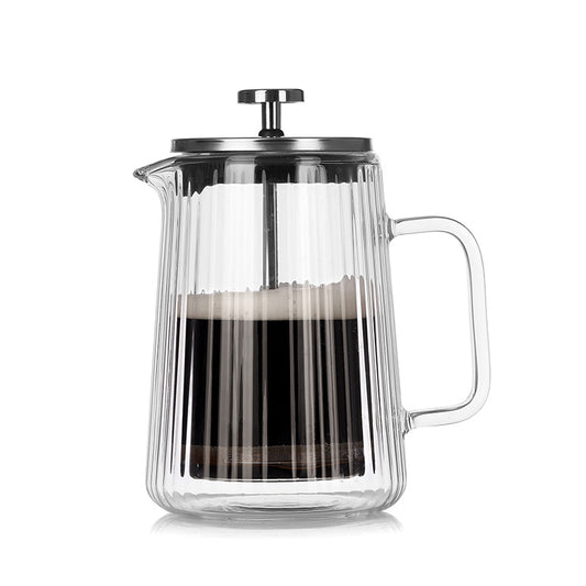 Transparent Elegant Ribbed Double Wall Glass French Press - 650ml Heat Resistant Coffee and Tea Maker with V888-ELOSUNG32107