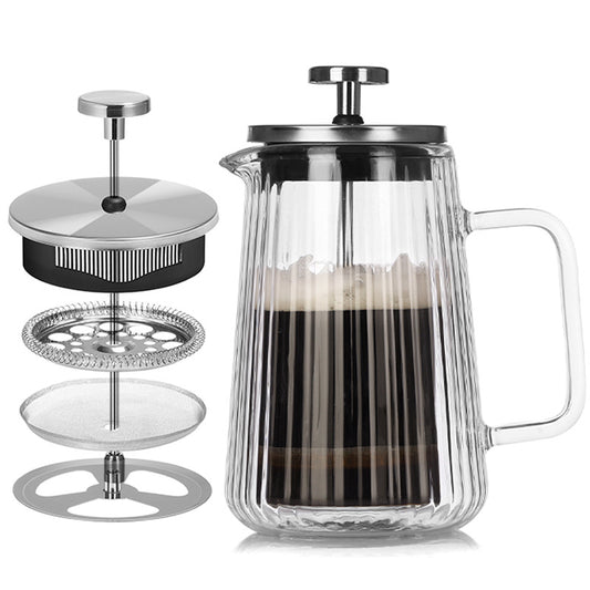 Transparent Elegant Ribbed Double Wall Glass French Press - 1000ml Heat Resistant Coffee and Tea Maker with V888-ELOSUNG32108