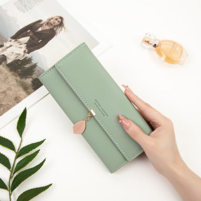 Green Elegant Ladies Long PU Leather Wallet - Slim Clutch with Leaf Charm, Multi-Card Holder & Organizer V888-ELOSUNG32121