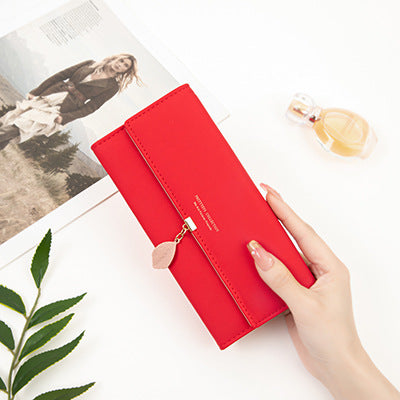 Red Elegant Ladies Long PU Leather Wallet - Slim Clutch with Leaf Charm, Multi-Card Holder & Organizer V888-ELOSUNG32122