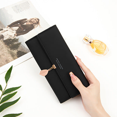 Black Elegant Ladies Long PU Leather Wallet - Slim Clutch with Leaf Charm, Multi-Card Holder & Organizer V888-ELOSUNG32123