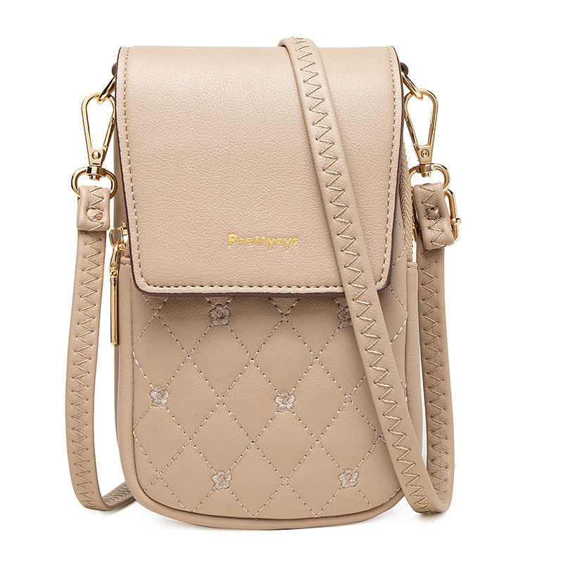 Beige Chic Quilted Crossbody Phone Bag - PU Leather Mini Purse with Floral Stitching & Adjustable Strap V888-ELOSUNG32130