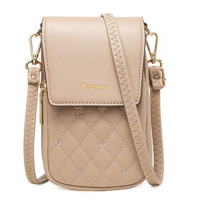 Beige Chic Quilted Crossbody Phone Bag - PU Leather Mini Purse with Floral Stitching & Adjustable Strap V888-ELOSUNG32130