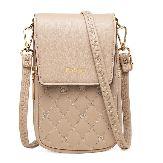 Beige Chic Quilted Crossbody Phone Bag - PU Leather Mini Purse with Floral Stitching & Adjustable Strap V888-ELOSUNG32130