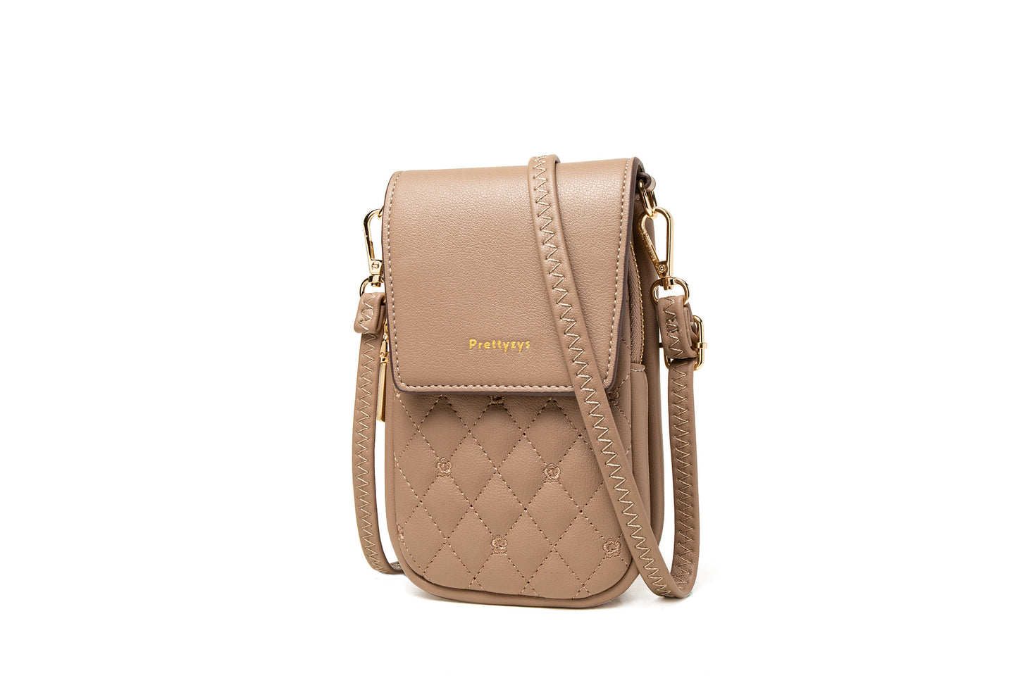Beige Chic Quilted Crossbody Phone Bag - PU Leather Mini Purse with Floral Stitching & Adjustable Strap V888-ELOSUNG32130