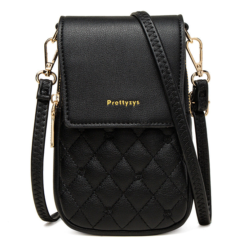 Black Chic Quilted Crossbody Phone Bag - PU Leather Mini Purse with Floral Stitching & Adjustable Strap V888-ELOSUNG32132