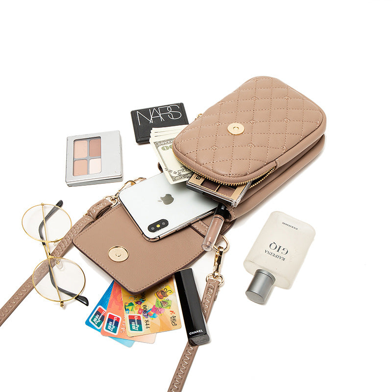 Black Chic Quilted Crossbody Phone Bag - PU Leather Mini Purse with Floral Stitching & Adjustable Strap V888-ELOSUNG32132