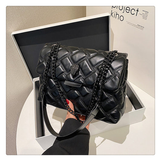 Black Chic Quilted Crossbody Bag for Women - PU Leather Diamond Pattern Chain Strap Shoulder Purse with V888-ELOSUNG32133