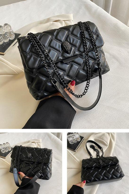 Black Chic Quilted Crossbody Bag for Women - PU Leather Diamond Pattern Chain Strap Shoulder Purse with V888-ELOSUNG32133